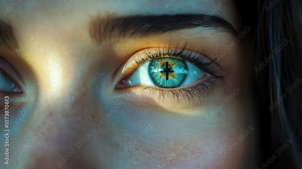 Close-up of blue eye with cross reflection, symbolic faith, spirituality, introspective gaze, light reflection, thoughtful look, religious imagery, belief, hope, inner peace Close-up of blue eye with cross reflection, symbolic faith, spirituality, introspective gaze, light reflection, thoughtful look, religious imagery, belief, hope, inner peace