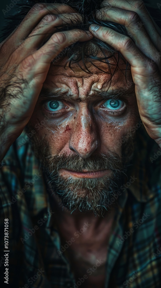 Man with scruffy beard holds head in hands, looking distressed. Concept of stress and emotional turmoil. For mental health awareness photo. Man with scruffy beard holds head in hands, looking distressed. Concept of stress and emotional turmoil. For mental health awareness photo.