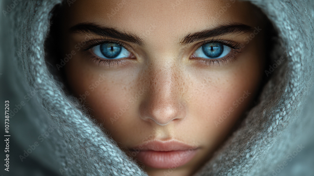 Close-up of blue-eyed woman in hood, intense stare, cozy winter look, mysterious expression, natural beauty, warm knitwear, bright eyes, captivating portrait, knitted fabric details Close-up of blue-eyed woman in hood, intense stare, cozy winter look, mysterious expression, natural beauty, warm knitwear, bright eyes, captivating portrait, knitted fabric details