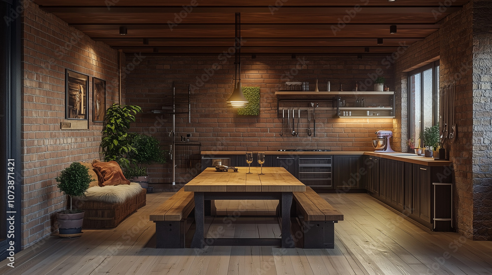 Fototapeta premium Rustic kitchen with wooden furniture and brick walls