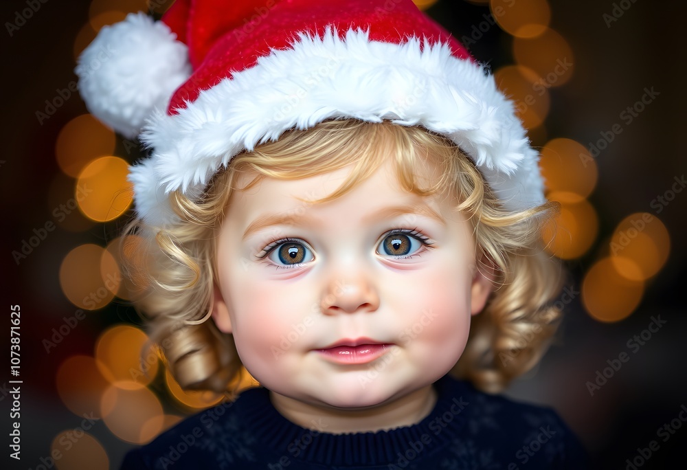 Cheerful Child in Santa Hat with Festive Bokeh Lights Created with Generative AI Cheerful Child in Santa Hat with Festive Bokeh Lights Created with Generative AI