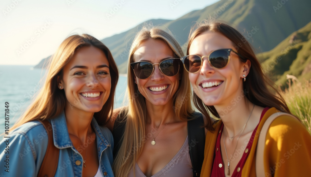 Three Friends Enjoying a Scenic Outdoor Trip Three Friends Enjoying a Scenic Outdoor Trip