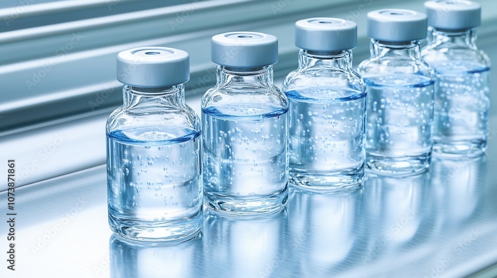 Clear Glass Vials Containing Liquid Lined up on a Metallic Surface in a Laboratory Setting, Designed for Medical or Scientific Research Purposes Clear Glass Vials Containing Liquid Lined up on a Metallic Surface in a Laboratory Setting, Designed for Medical or Scientific Research Purposes