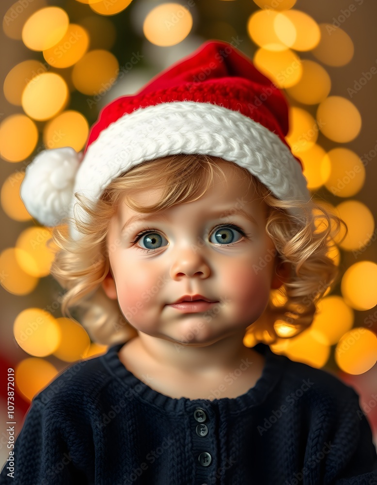 Cheerful Child in Santa Hat with Festive Bokeh Lights Created with Generative AI Cheerful Child in Santa Hat with Festive Bokeh Lights Created with Generative AI