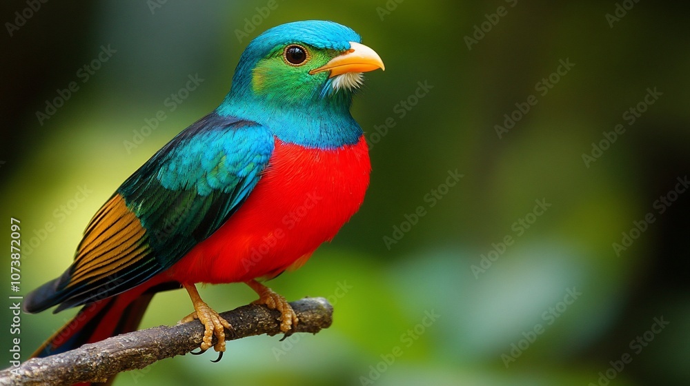 A vibrant blue, green, and red bird perched on a branch, with a blurred green background. A vibrant blue, green, and red bird perched on a branch, with a blurred green background.