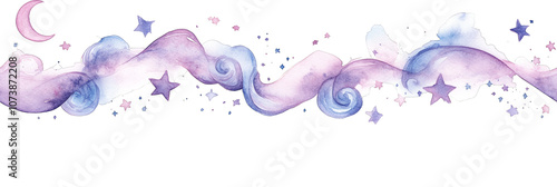 whimsical watercolor purple clouds stars crescent moon seamless pattern transparent background