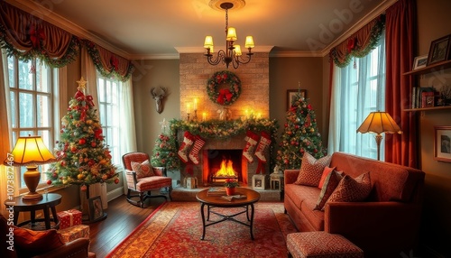 Cozy living room decorated for Christmas with a fireplace, Christmas tree, and warm lighting.