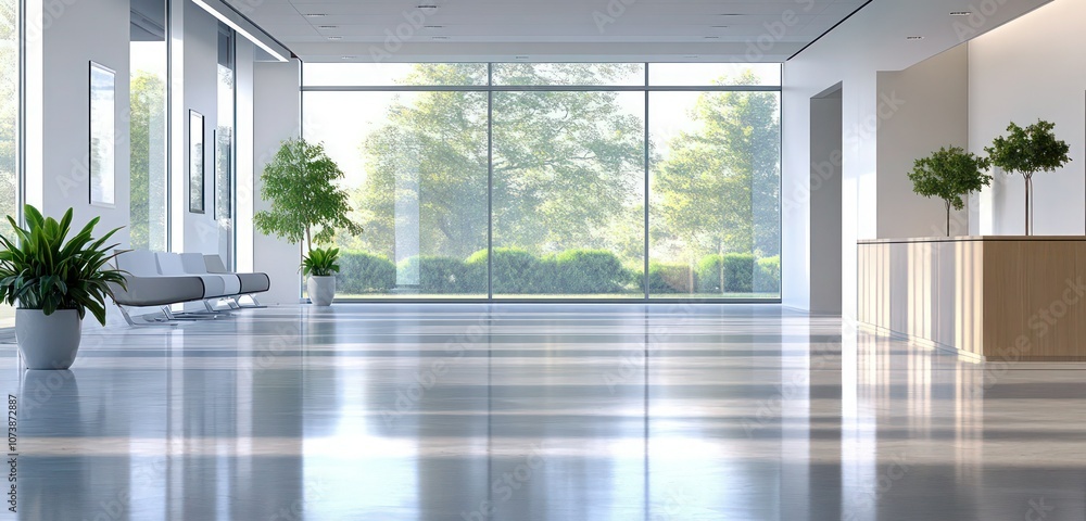 Fototapeta premium A modern hospital lobby with polished floors, minimalist design, and bright natural light streaming through large windows, creating a welcoming and professional space.