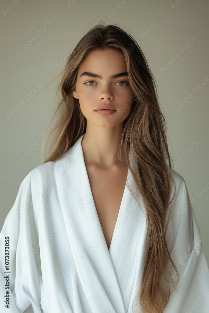Portrait of a young woman with long, flowing light brown hair, wearing a white robe, looking directly at the camera with a calm expression. Portrait of a young woman with long, flowing light brown hair, wearing a white robe, looking directly at the camera with a calm expression.
