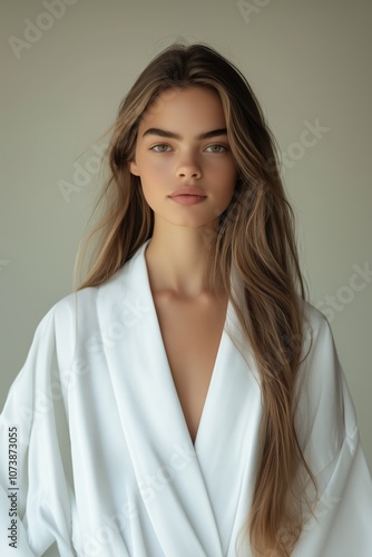 Portrait of a young woman with long, flowing light brown hair, wearing a white robe, looking directly at the camera with a calm expression.