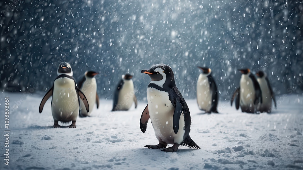 Fototapeta premium Penguins flock south pole background