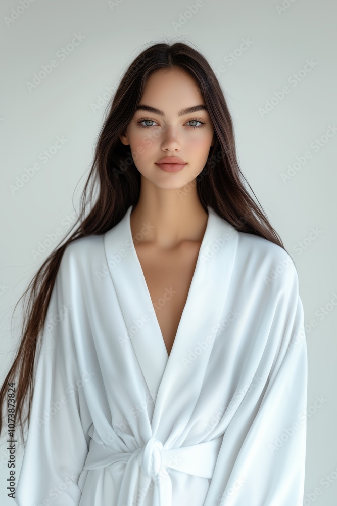 Portrait of a young woman with dark brown hair and a calm expression, wearing a white robe, in natural lighting.