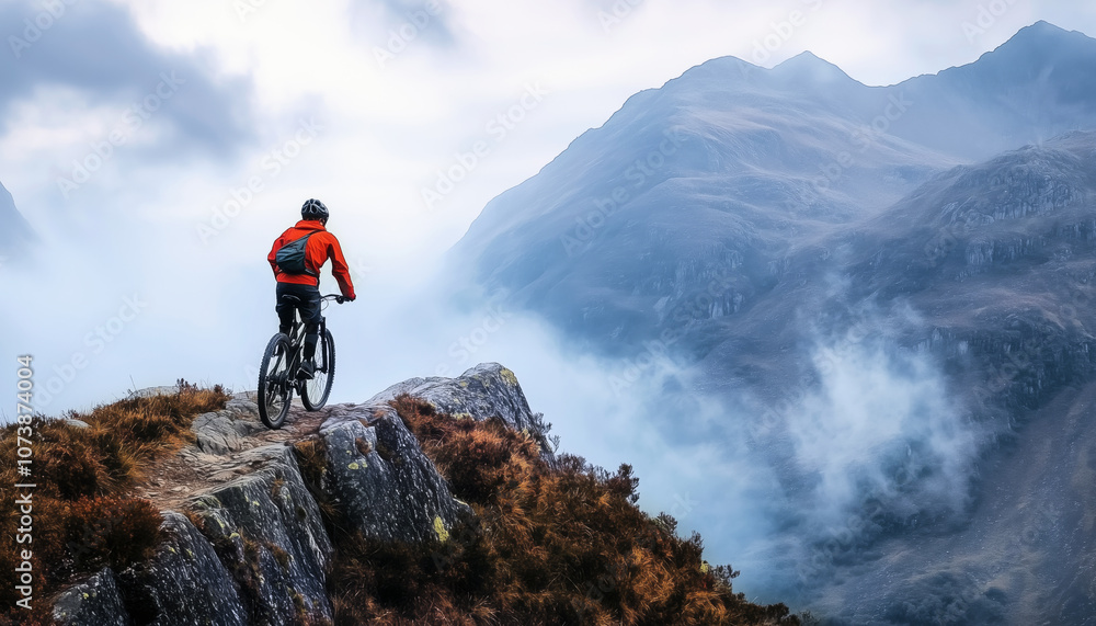 Obraz premium Adventurous mountain biker descending rugged trail on steep rock slope wearing red jacket and helmet. Bold silhouette against expansive misty mountains. Active people, freedom, nature's beauty concept