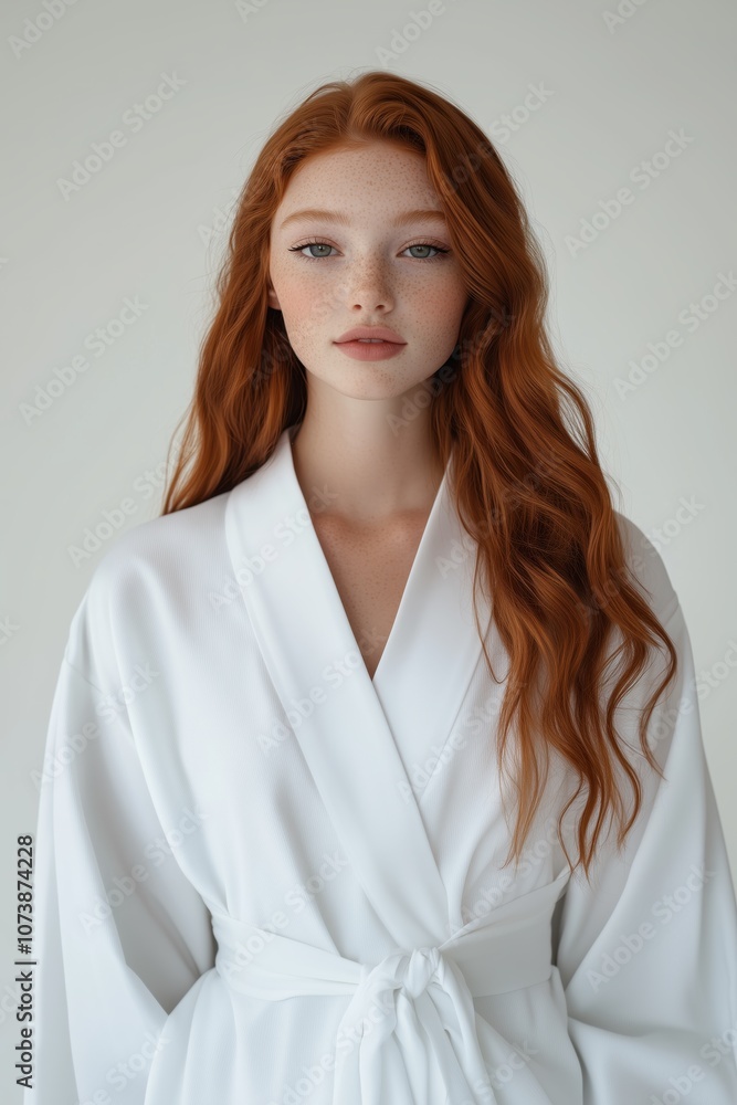 Portrait of a young red-haired woman with freckles, wearing a white robe, and a serene expression in soft lighting. Portrait of a young red-haired woman with freckles, wearing a white robe, and a serene expression in soft lighting.