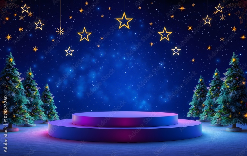 Christmas background with podium, stars, and trees created with generative AI Christmas background with podium, stars, and trees created with generative AI