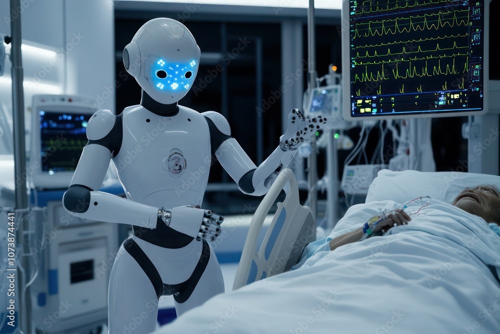 A robotic assistant in a hospital ICU adjusting a patient's position, while AI monitors vital signs and adjusts treatment plans in real-time. A robotic assistant in a hospital ICU adjusting a patient's position, while AI monitors vital signs and adjusts treatment plans in real-time.