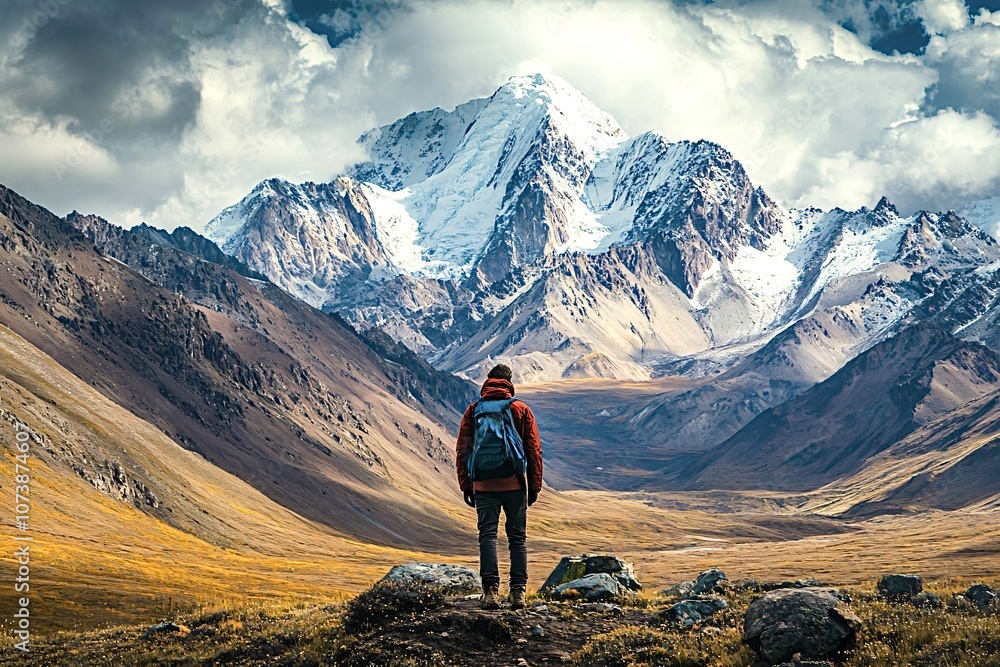 Obraz premium Lone hiker stands in awe of a breathtaking, snow-capped mountain peak, surrounded by the vast wilderness, embracing the tranquility and grandeur of nature