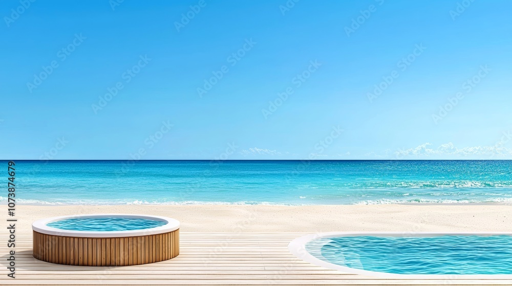 Fototapeta premium Beautiful beachside view featuring luxurious wooden hot tubs beside a serene sea, with crystal-clear water and a bright blue sky, creating an inviting atmosphere for relaxation and leisure.