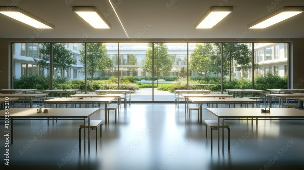A spacious hospital cafeteria with minimalist tables and bright lighting, large windows providing a view of a garden courtyard. A spacious hospital cafeteria with minimalist tables and bright lighting, large windows providing a view of a garden courtyard.