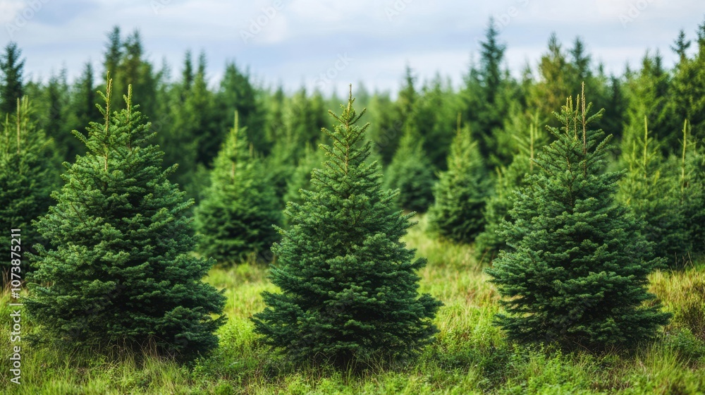 A lush green Christmas tree farm, with rows of coniferous trees growing in the sunlight. A lush green Christmas tree farm, with rows of coniferous trees growing in the sunlight.