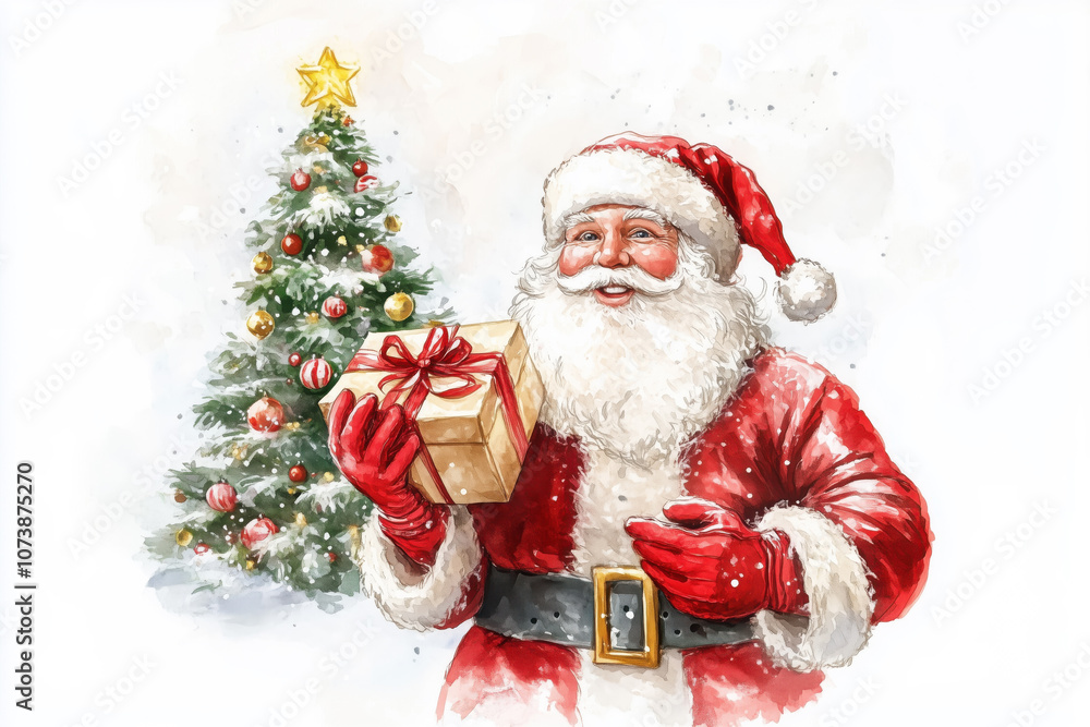 Watercolor image of Santa Claus with gifts by the Christmas tree Watercolor image of Santa Claus with gifts by the Christmas tree