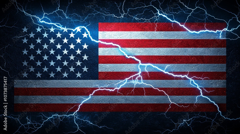 custom made wallpaper toronto digitalDramatic American Flag with Electric Lightning Background, Symbolizing Power, Freedom, and Patriotism in a Striking Visual Composition