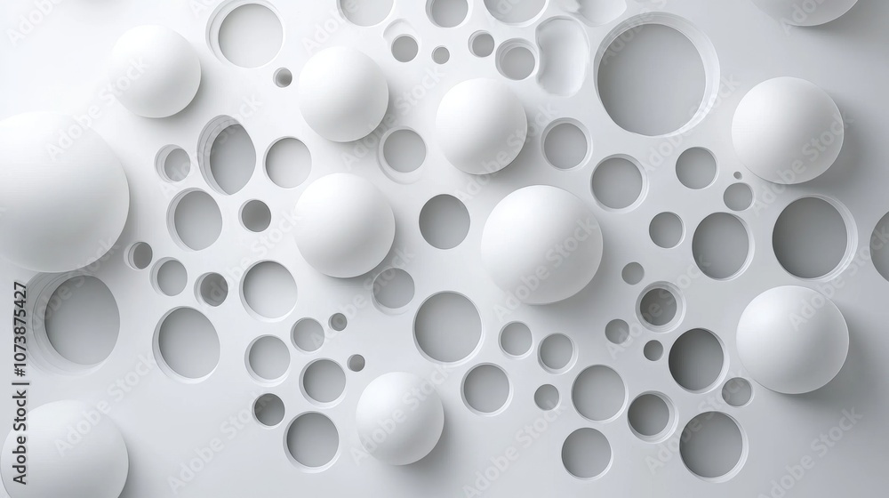 Abstract composition of white spheres and circular cutouts creating a modern and minimalist background design, ideal for creative projects and digital artwork. Abstract composition of white spheres and circular cutouts creating a modern and minimalist background design, ideal for creative projects and digital artwork.