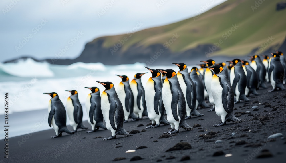 Obraz premium Majestic King Penguins on a Black Sand Beach