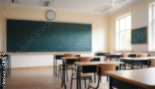 School classroom in blur background without young student; Blurry view of elementary class room no kid or teacher with chairs and tables in campus.
