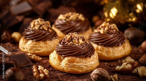 Choux pastries filled with hazelnut praline cream, isolated on a rich chocolate background with nuts and gold foil