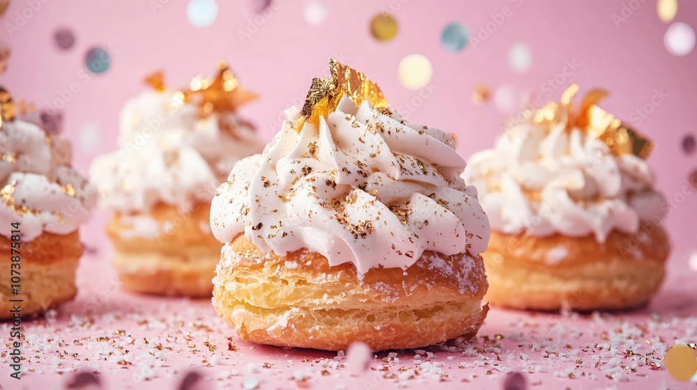 Choux pastries piled high with cream, garnished with edible gold leaf, isolated on a pastel pink background with festive confetti Choux pastries piled high with cream, garnished with edible gold leaf, isolated on a pastel pink background with festive confetti