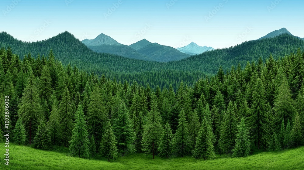 Fototapeta premium Lush Green Forest Landscape with Majestic Mountains Under a Bright Blue Sky, Capturing the Beauty of Nature's Serenity and Tranquility in an Idyllic Setting