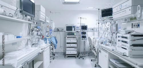 A sterile hospital ICU room with advanced life-support systems, clean white walls, and organized equipment for critical care patients.