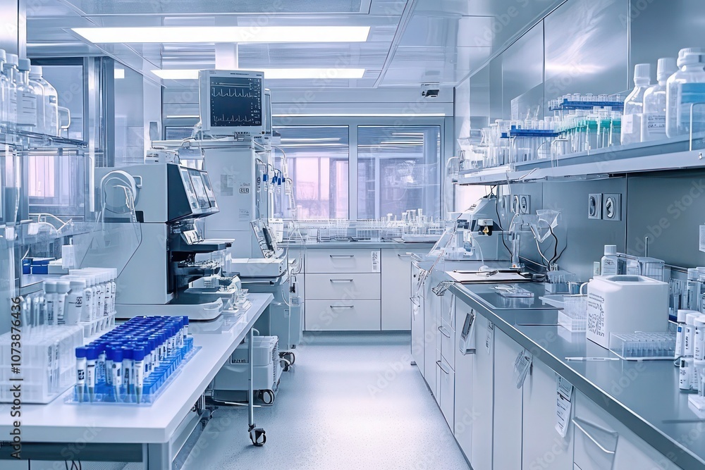 A sterile hospital lab processing room with advanced testing equipment, clean counters and bright lighting ensuring a professional workspace.
