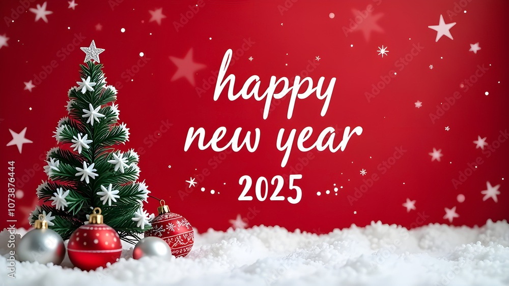 Christmas holiday background with white Handwriting thin Letters happy new year 2025 over red Christmas background with small snow Christmas tree, balls Christmas holiday background with white Handwriting thin Letters happy new year 2025 over red Christmas background with small snow Christmas tree, balls
