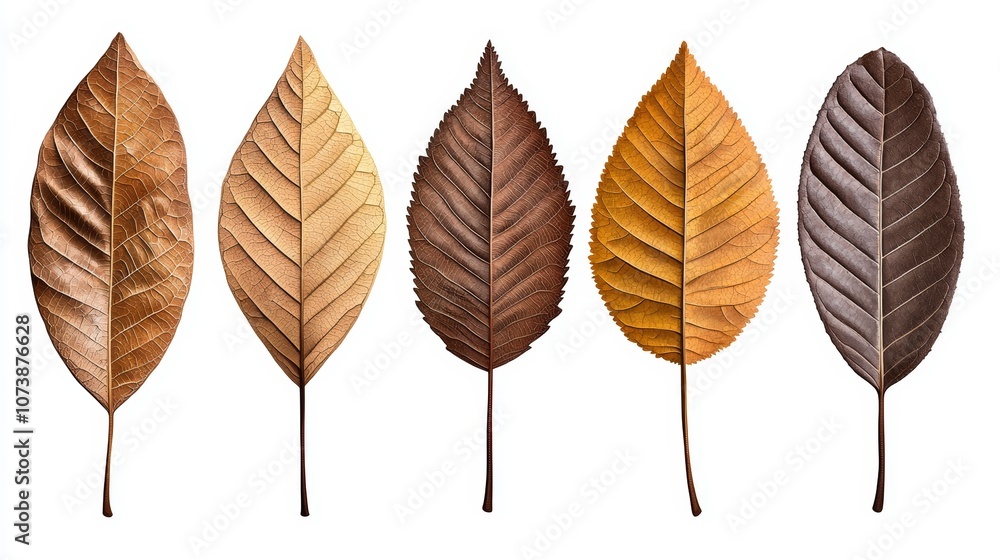 A Beautiful Array of Textured Leaves in Various Shades of Brown, Highlighting the Natural Beauty and Diversity of Autumn Foliage Against a Clean White Background A Beautiful Array of Textured Leaves in Various Shades of Brown, Highlighting the Natural Beauty and Diversity of Autumn Foliage Against a Clean White Background