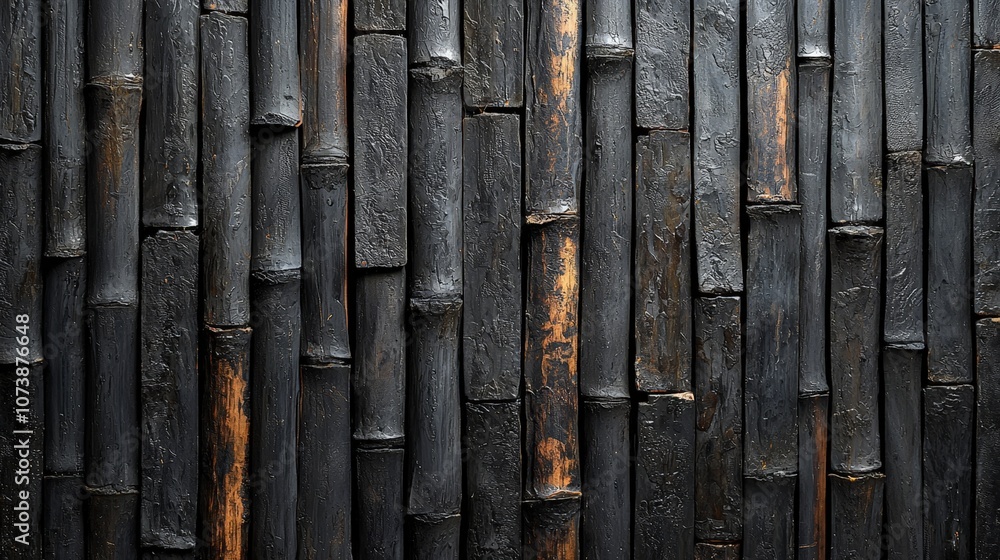 A textured wall made of dark bamboo segments, showcasing natural materials in design. A textured wall made of dark bamboo segments, showcasing natural materials in design.
