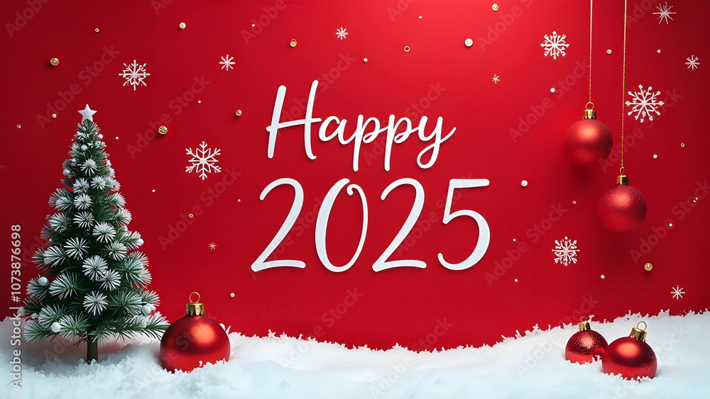 Christmas holiday background with white Handwriting thin Letters happy new year 2025 over red Christmas background with small snow Christmas tree, balls