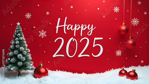 Obraz na płótnie Christmas holiday background with white Handwriting thin Letters happy new year 2025 over red Christmas background with small snow Christmas tree, balls w salonie