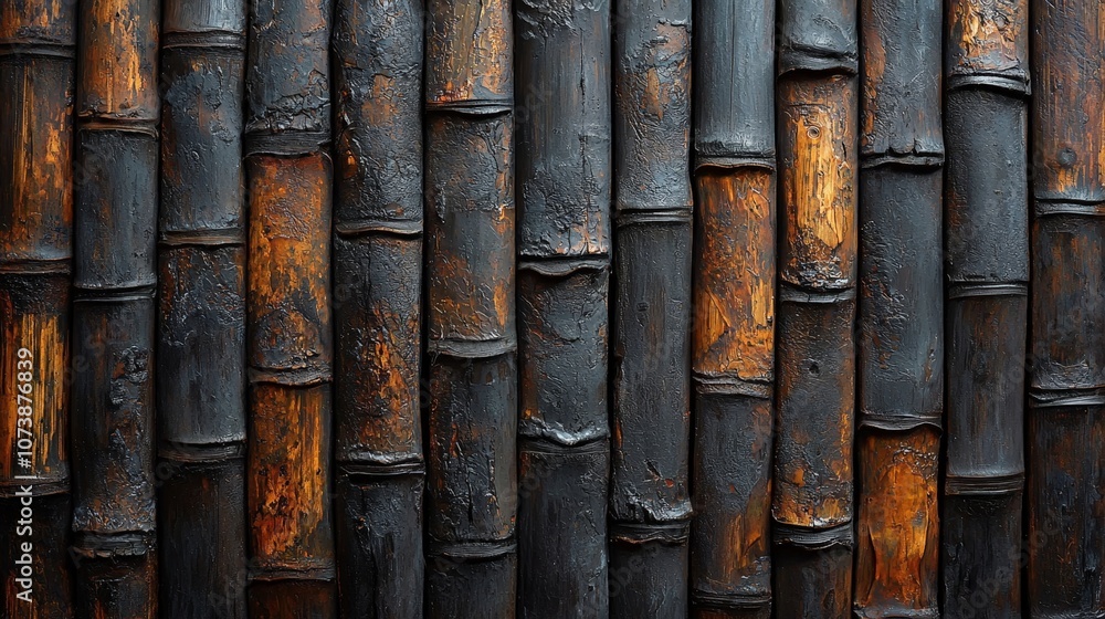 A textured wall made of dark bamboo, showcasing natural patterns and rustic charm. A textured wall made of dark bamboo, showcasing natural patterns and rustic charm.