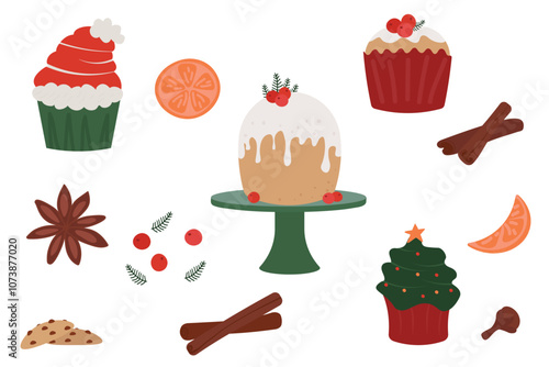 Set with Christmas food. Cupcake, spices, cinnamon, berries, orange