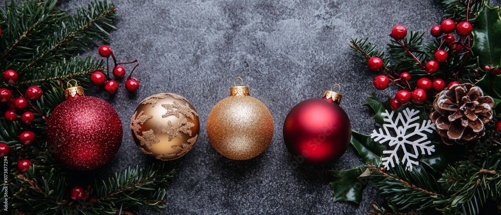 Festive Christmas Arrangement with Ornaments and Pinecones Festive Christmas Arrangement with Ornaments and Pinecones