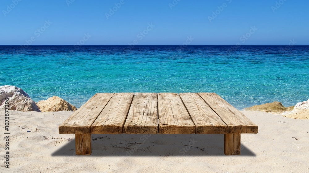 Fototapeta premium Wooden Platform on Tropical Beach Overlooking Clear Blue Water and Azure Skies, Perfect for Relaxation and Vacations in a Scenic Coastal Setting