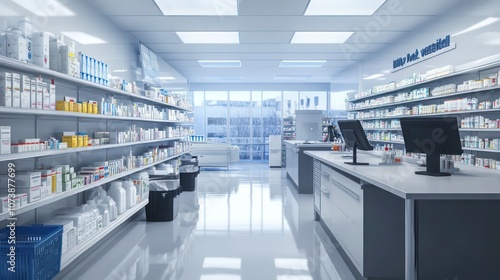 A sterile hospital pharmacy with organized medication shelves, clean counters, and modern technology for efficient patient service.