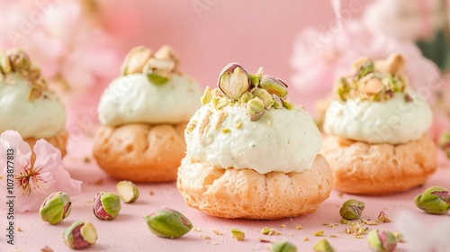 Profiteroles filled with pistachio cream, isolated on a soft pastel background with pistachios and floral elements