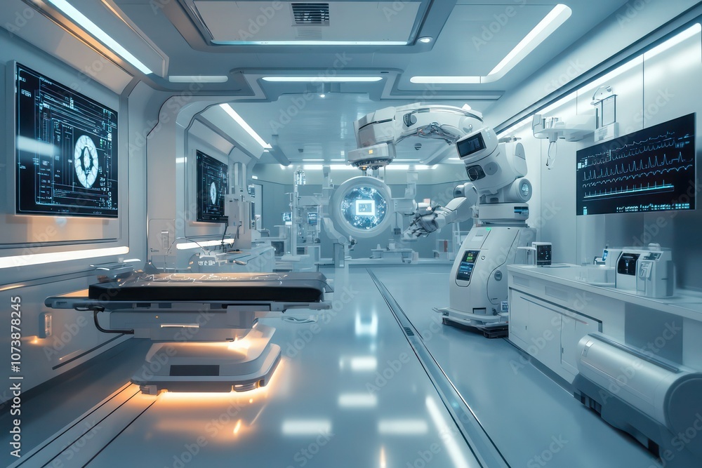 An advanced AI-driven diagnostics room in a futuristic hospital, with robots assisting in imaging and data analysis for precise results. An advanced AI-driven diagnostics room in a futuristic hospital, with robots assisting in imaging and data analysis for precise results.
