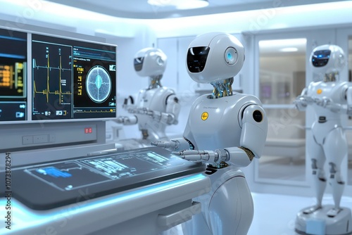 An advanced AI-driven diagnostics room in a futuristic hospital, with robots assisting in imaging and data analysis for precise results.