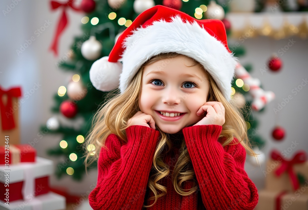 Joyful Child in Christmas Sweater with Santa Hat created with generative AI Joyful Child in Christmas Sweater with Santa Hat created with generative AI