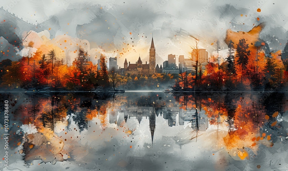 Ottawa rideau canal in the autumn months Digital illustration, white background, watercolor Ottawa rideau canal in the autumn months Digital illustration, white background, watercolor