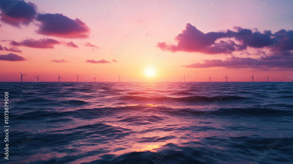 Majestic offshore wind farm at sunset with silhouetted turbines Majestic offshore wind farm at sunset with silhouetted turbines